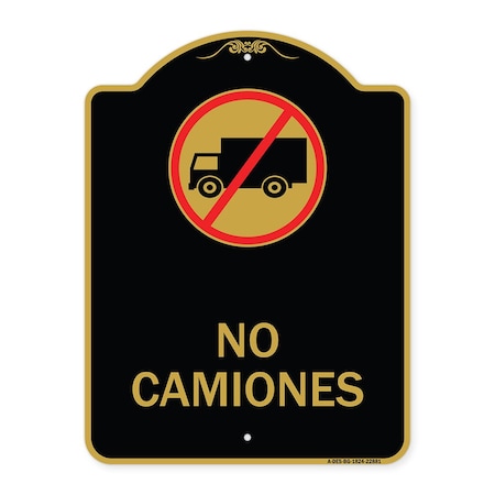 Signmission Spanish Traffic No Camiones No Trucks W/ Graphic, Black & Gold Alum Sign, 18" x 24", BG-1824-22881 A-DES-BG-1824-22881
